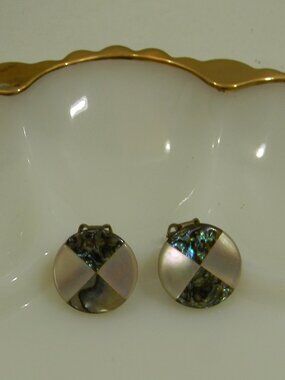 Vintage Mosaic Abalone Shell Clip Earrings